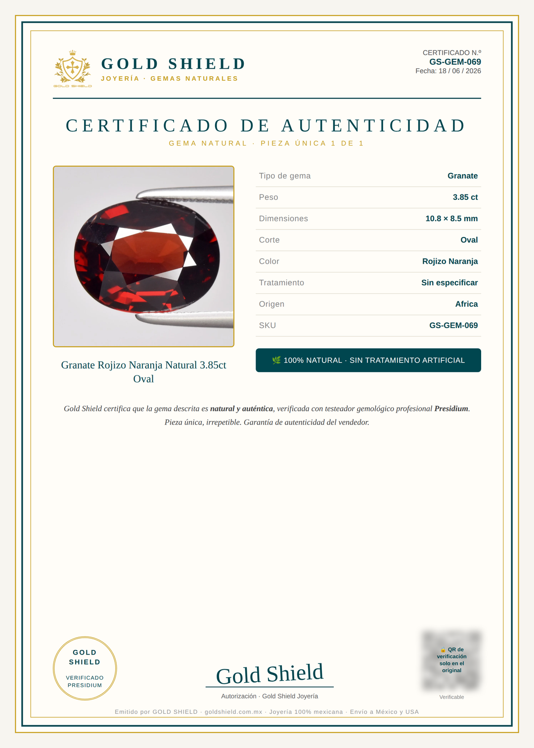 Certificado de Autenticidad Gold Shield - Granate Rojizo Naranja Natural 3.85ct Oval