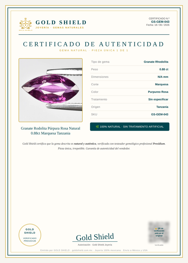 Certificado de Autenticidad Gold Shield - Granate Rodolita Púrpura Rosa Natural 0.88ct Marquesa Tanzania