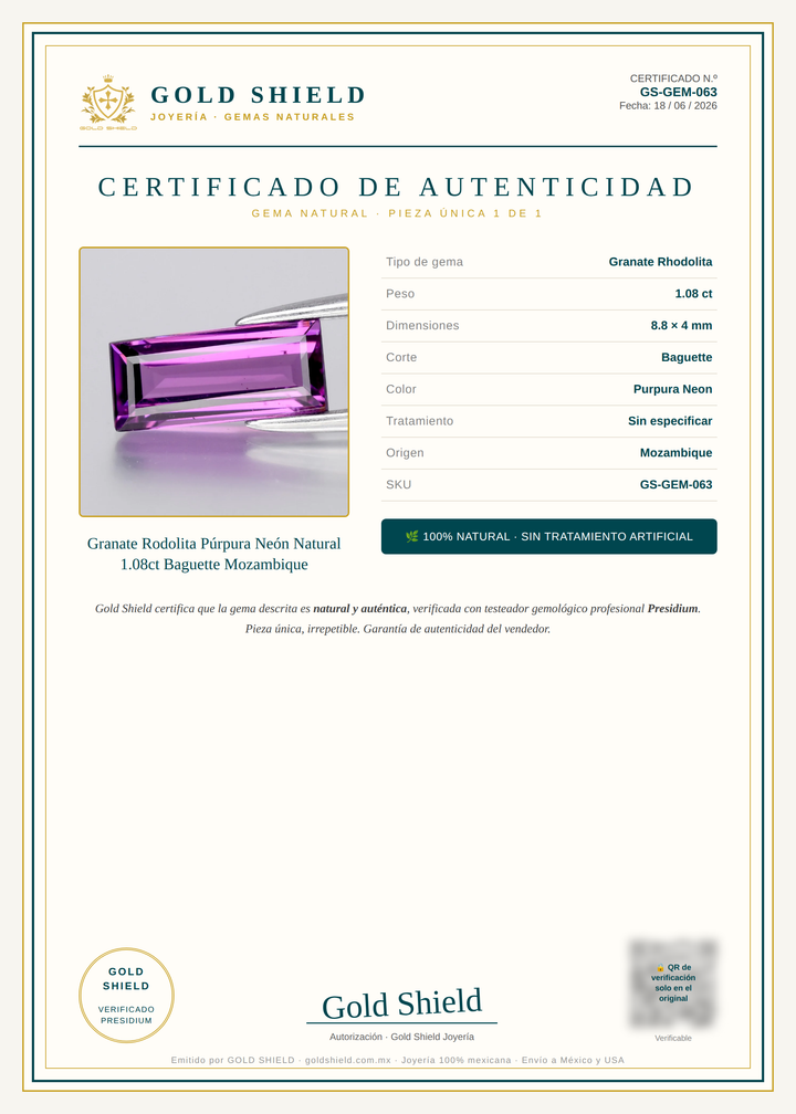 Certificado de Autenticidad Gold Shield - Granate Rodolita Púrpura Neón Natural 1.08ct Baguette Mozambique