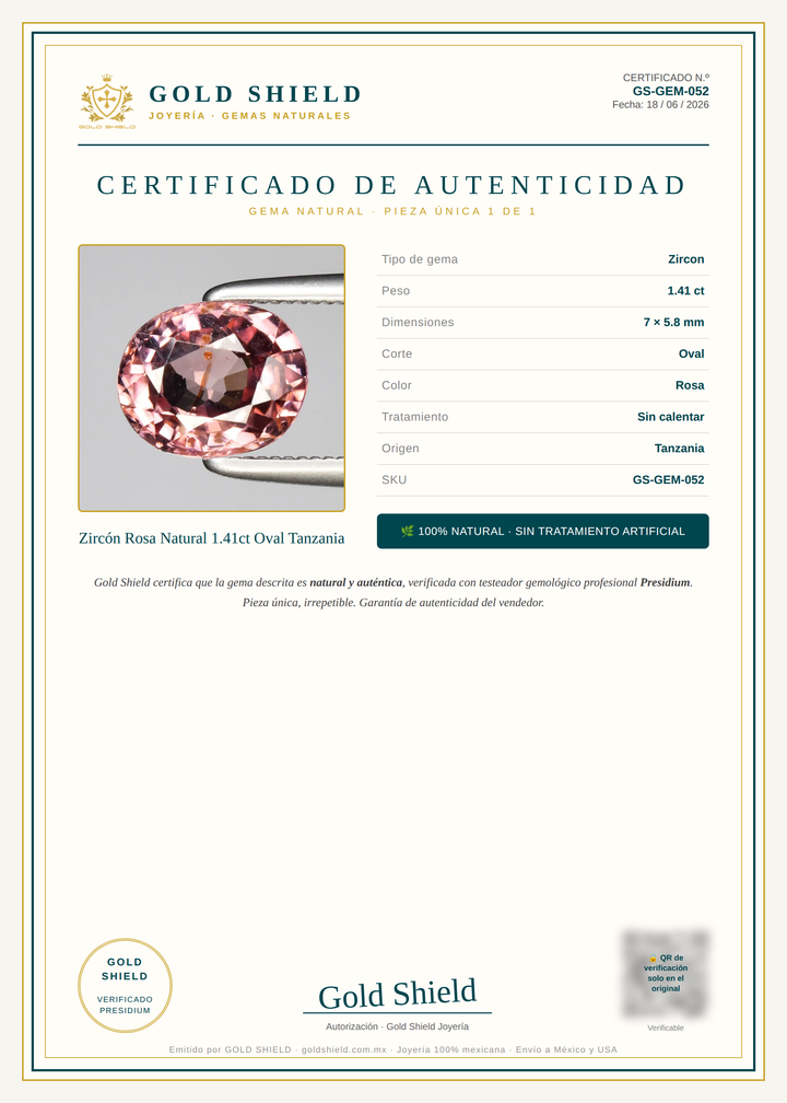 Certificado de Autenticidad Gold Shield - Zircón Rosa Natural 1.41ct Oval Tanzania