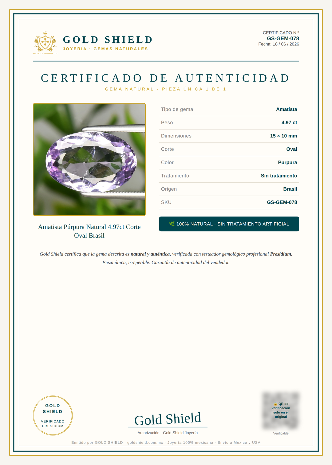Certificado de Autenticidad Gold Shield - Amatista Púrpura Natural 4.97ct Corte Oval Brasil