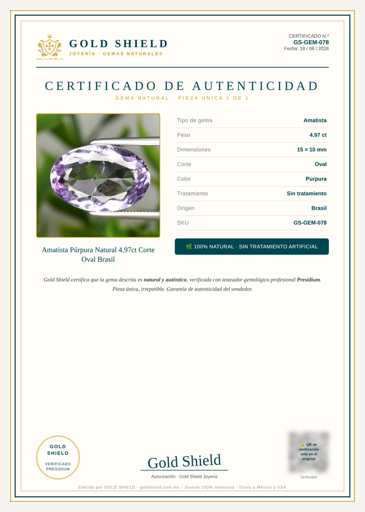 Certificado de Autenticidad Gold Shield - Amatista Púrpura Natural 4.97ct Corte Oval Brasil