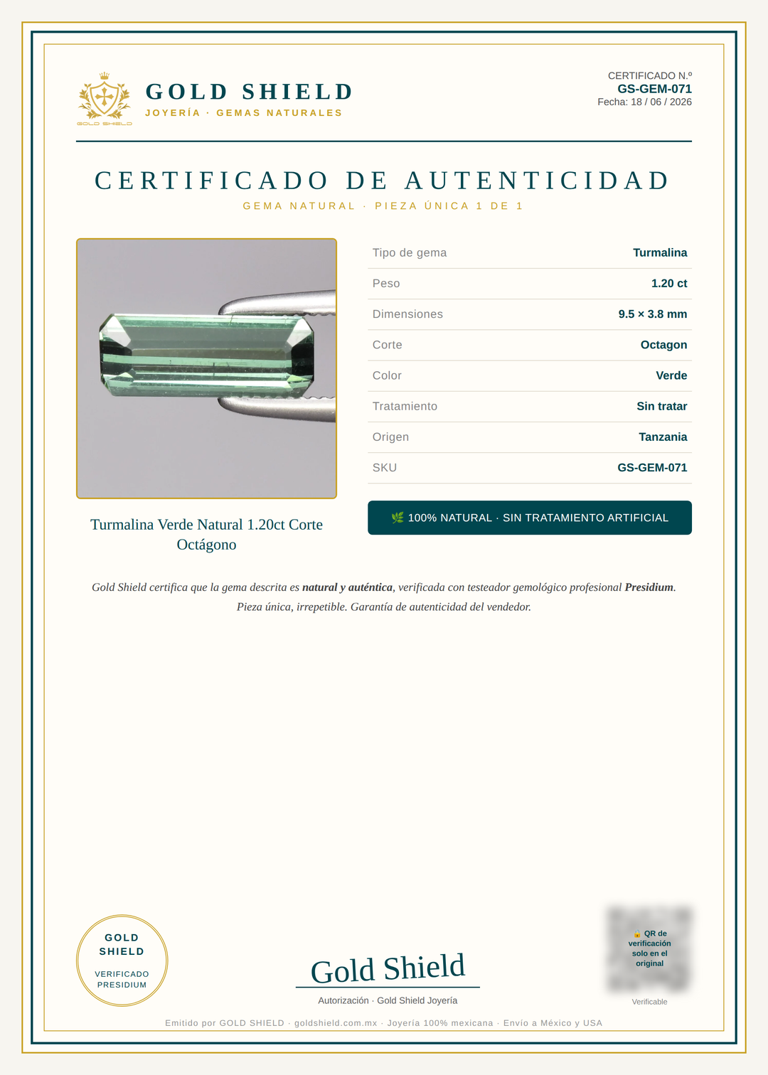 Certificado de Autenticidad Gold Shield - Turmalina Verde Natural 1.20ct Corte Octágono