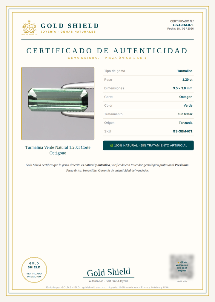 Certificado de Autenticidad Gold Shield - Turmalina Verde Natural 1.20ct Corte Octágono