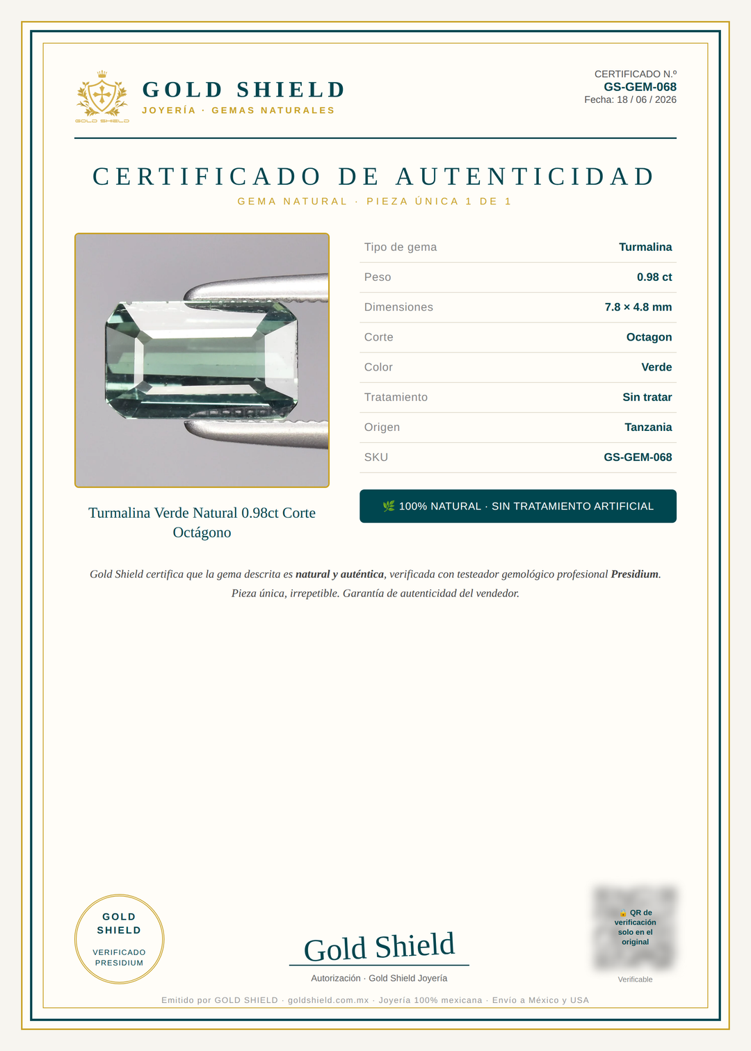 Certificado de Autenticidad Gold Shield - Turmalina Verde Natural 0.98ct Corte Octágono
