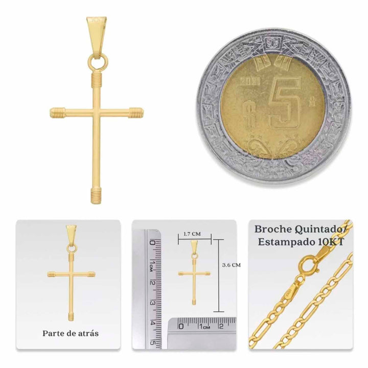 Esta imagen presenta un acercamiento al dije de cruz de oro 10k, donde se puede apreciar el detalle y la textura del oro. También se puede ver cómo la cadena barbada de 2.6 mm complementa a la perfección la delicadeza de la cruz.