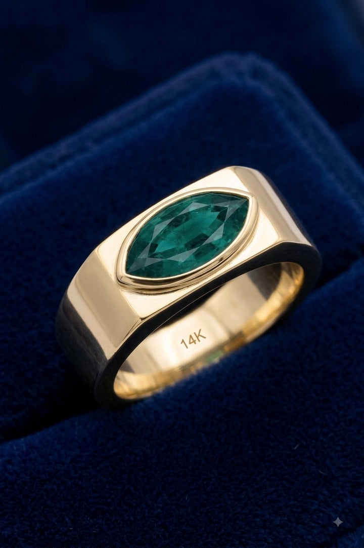Esmeralda verde natural 2.2ct corte marquesa — Anillo Hombre Oro 14k | Gold Shield