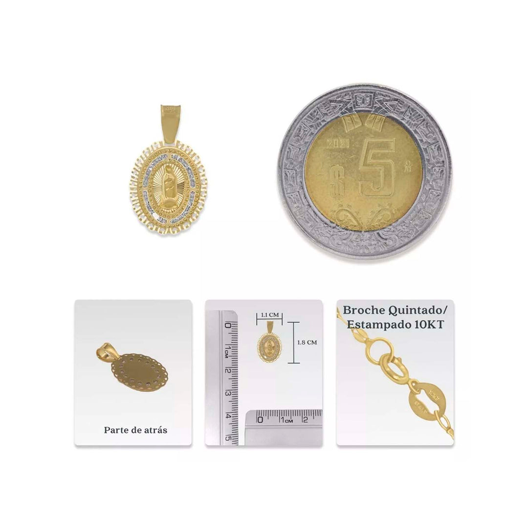 Comparación de tamaño entre medalla de la Virgen de Guadalupe y moneda de 5 pesos