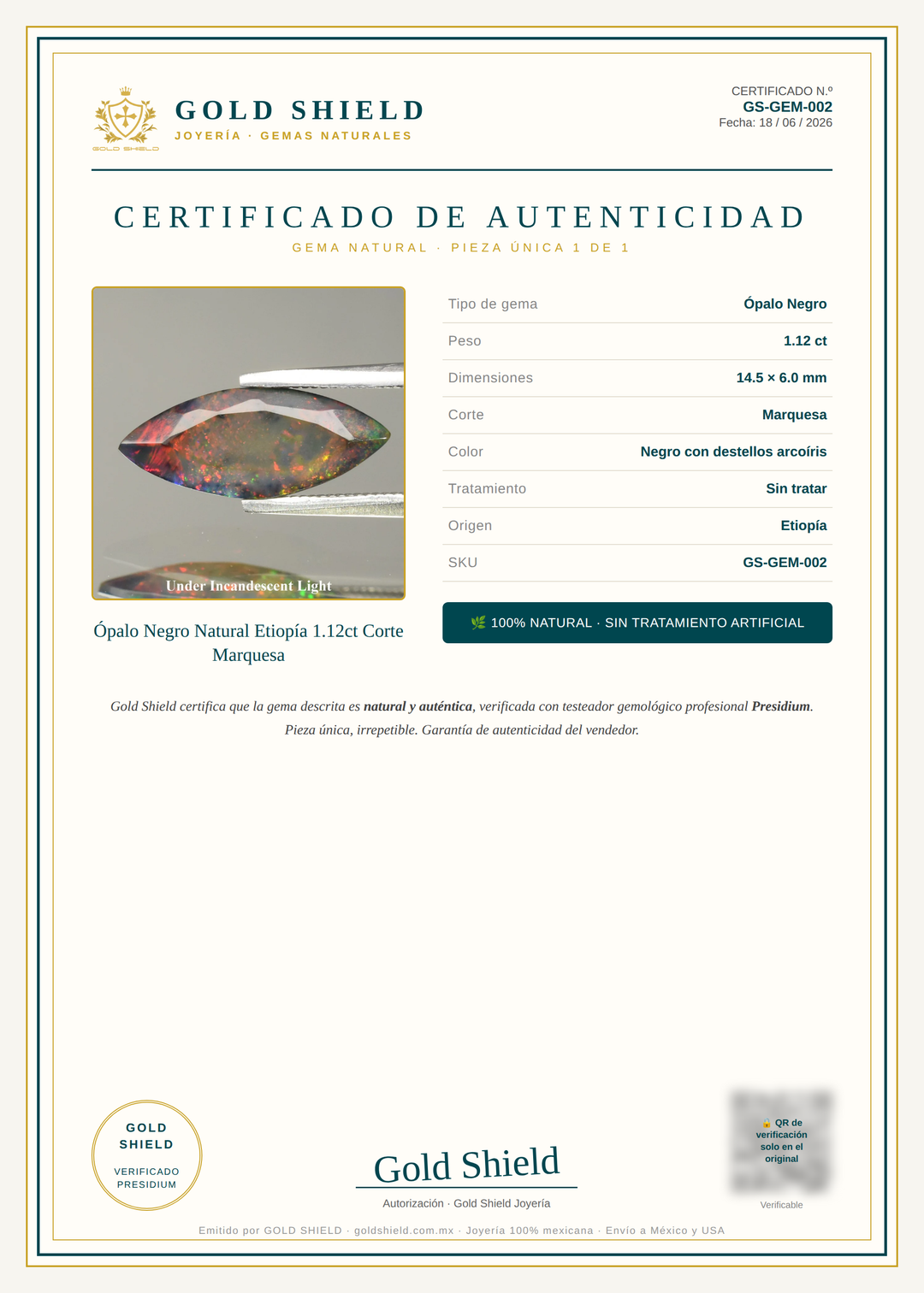 Certificado de Autenticidad Gold Shield - Ópalo Negro Natural Etiopía 1.12ct Corte Marquesa
