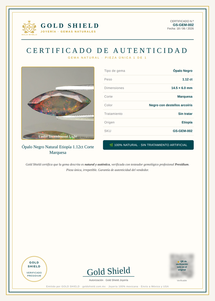 Certificado de Autenticidad Gold Shield - Ópalo Negro Natural Etiopía 1.12ct Corte Marquesa