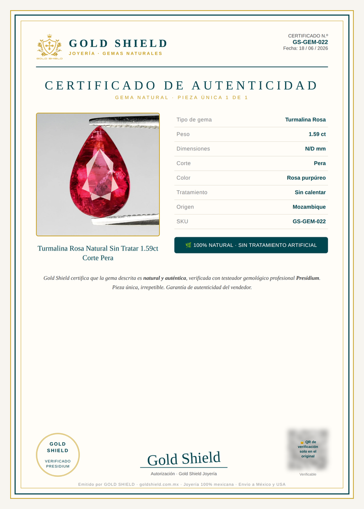 Certificado de Autenticidad Gold Shield - Turmalina Rosa Natural Sin Tratar 1.59ct Corte Pera
