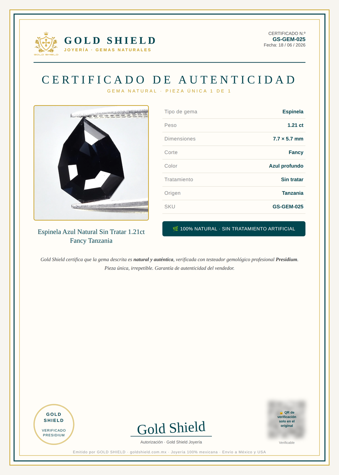 Certificado de Autenticidad Gold Shield - Espinela Azul Natural Sin Tratar 1.21ct Fancy Tanzania