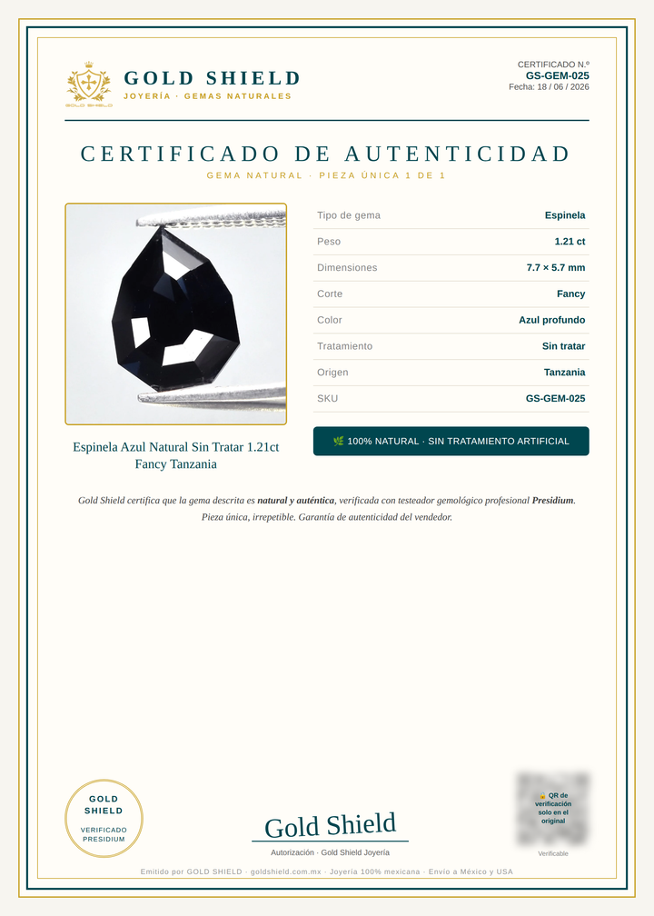 Certificado de Autenticidad Gold Shield - Espinela Azul Natural Sin Tratar 1.21ct Fancy Tanzania