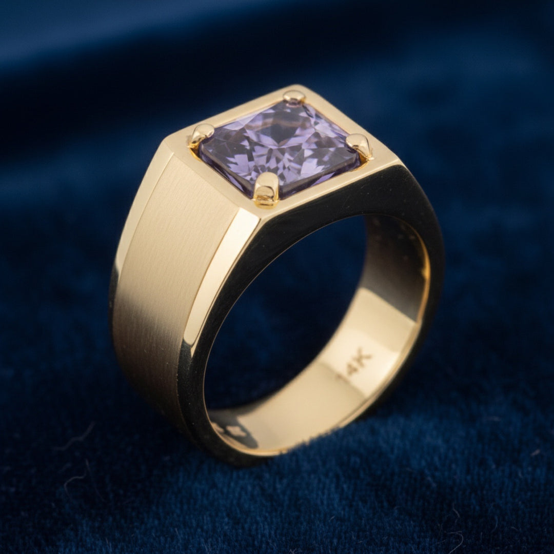anillo de hombre de oro 14k con amatista púrpura natural 1.73ct corte snowflake (corte especial) de Brasil, joyería mexicana 