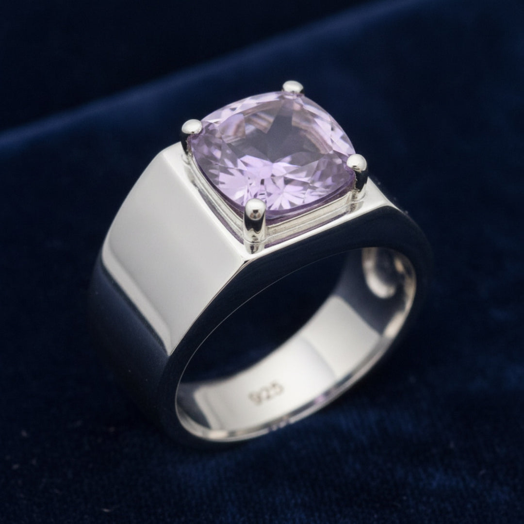anillo de hombre de plata 925 con amatista purpura natural 3.11ct corte cojin, joyería mexicana Gold Shield