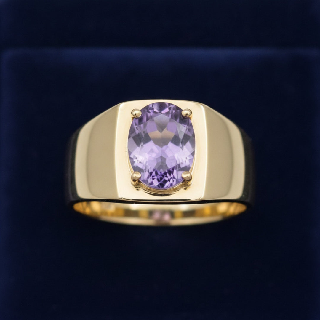 anillo de hombre de oro 14k con amatista purpura natural 3.31ct corte oval, joyería mexicana Gold Shield