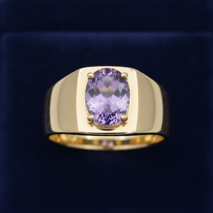 anillo de hombre de oro 14k con amatista purpura natural 3.31ct corte oval, joyería mexicana Gold Shield