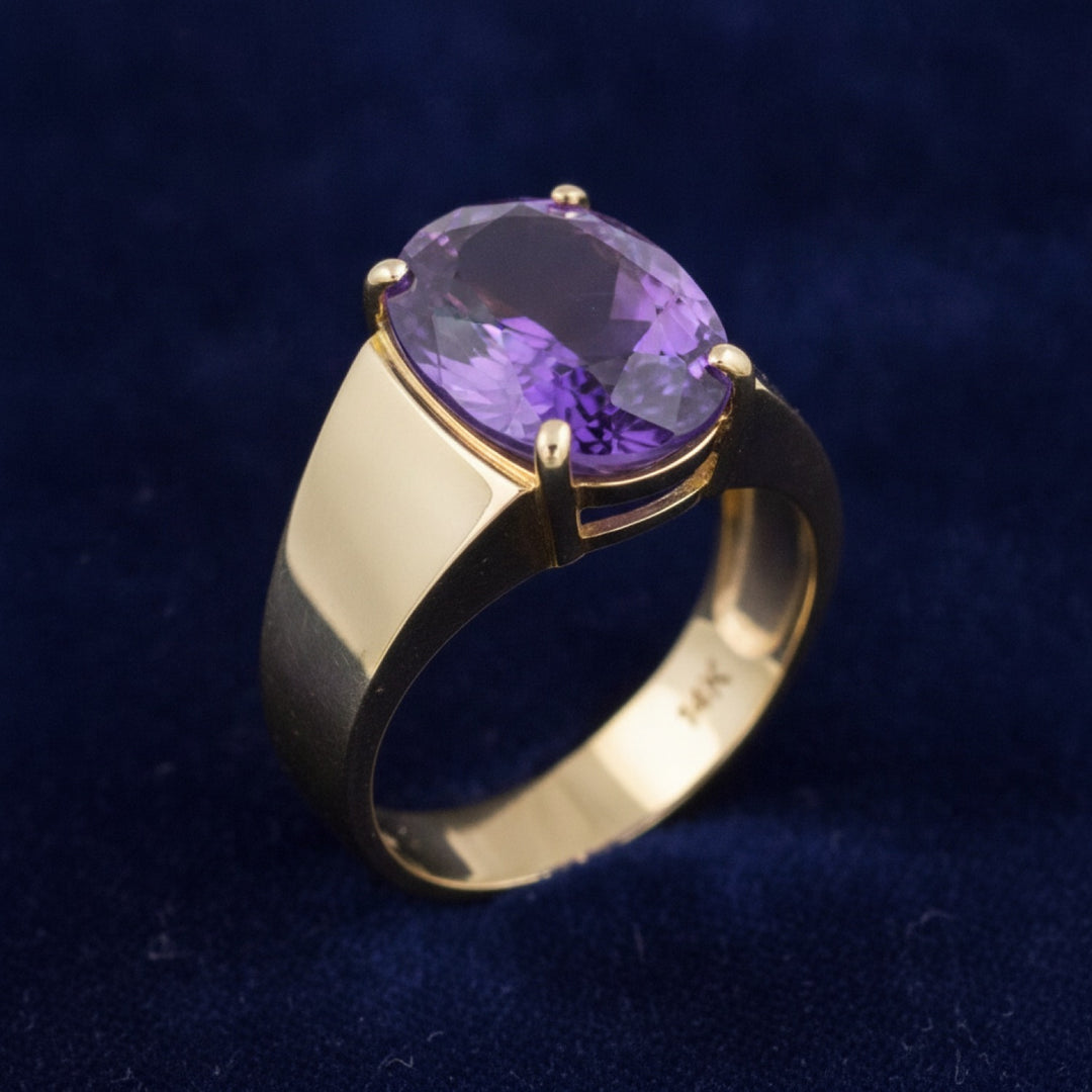 anillo de hombre de oro 14k con amatista purpura natural 3.60ct corte oval, joyería mexicana Gold Shield