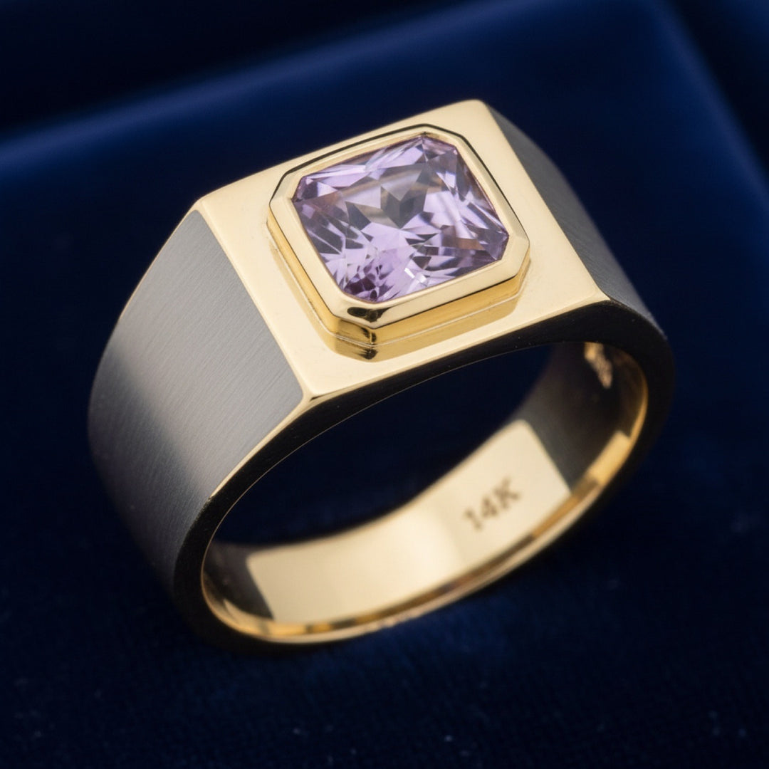 anillo de hombre de oro 14k con amatista uruguay púrpura intenso natural 2.84ct corte fancy cuadrado de Uruguay, joyería mexi