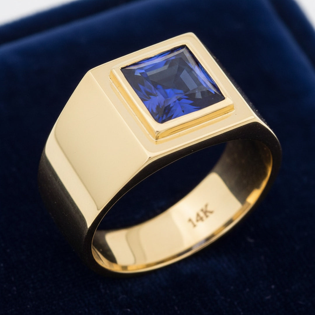 Anillo Hombre Oro 14k con Zafiro Azul 0.49ct, joyería mexicana Gold Shield - PREVENTA