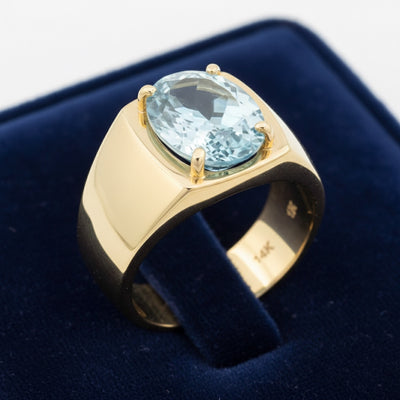 Anillo Hombre Oro 14k con Topacio Azul Azul cielo 3.21ct, joyería mexicana Gold Shield - PREVENTA