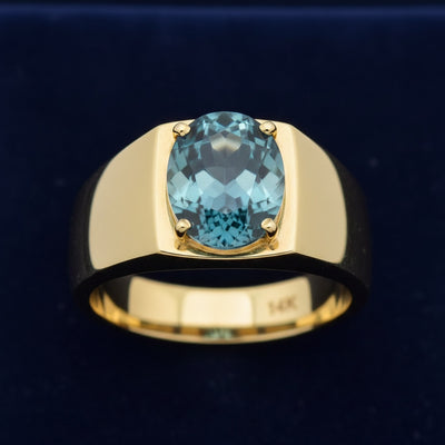 Anillo Hombre Oro 14k con Topacio Azul London Blue 3.01ct, joyería mexicana Gold Shield - PREVENTA