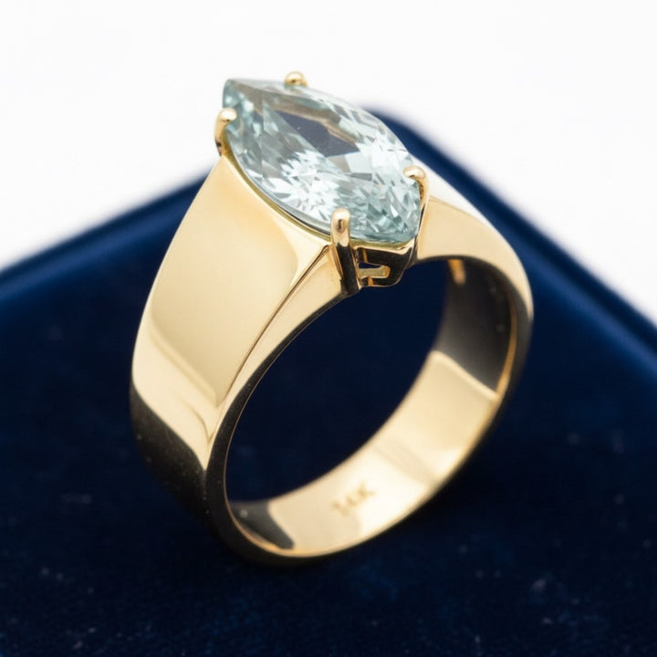 Anillo Hombre Oro 14k con Aguamarina Azul 3.92ct, joyería mexicana Gold Shield - PREVENTA
