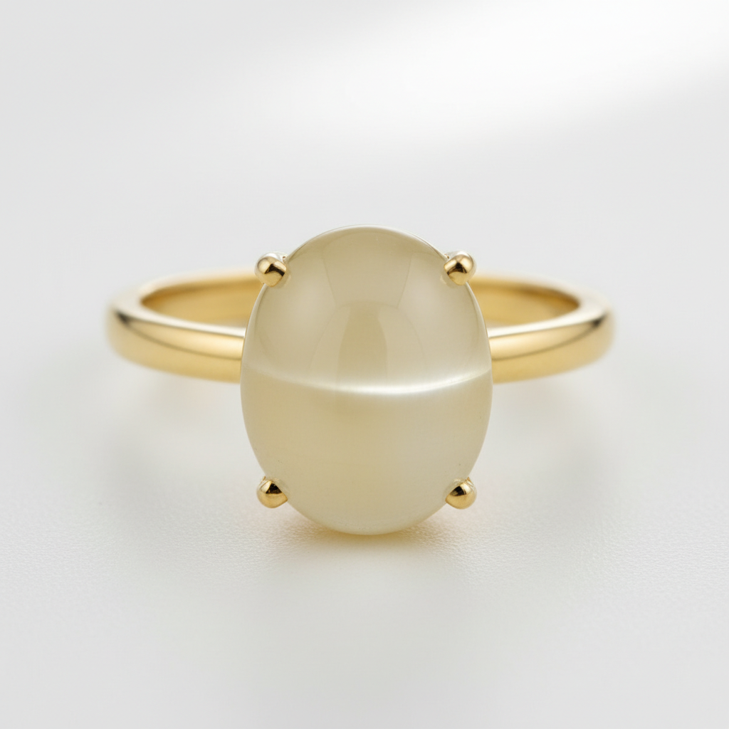 Anillo Oro 14k con Piedra de Luna Ojo de Gato Amarillo 9.0ct Corte Cabuchón Oval Africa - GS-GEM-077 - Gold Shield Mexico
