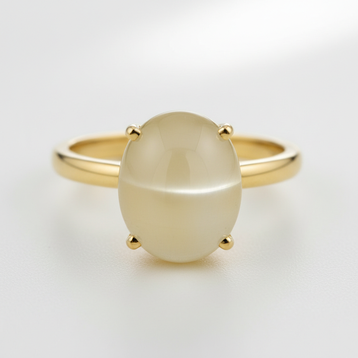 Anillo Oro 14k con Piedra de Luna Ojo de Gato Amarillo 9.0ct Corte Cabuchón Oval Africa - GS-GEM-077 - Gold Shield Mexico
