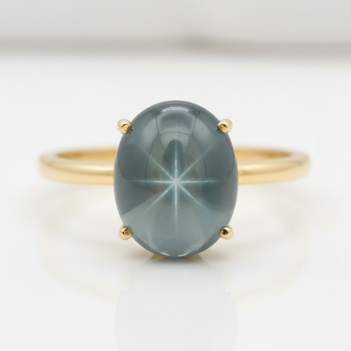 Anillo Oro 14k con Zafiro Estrella Azul Verde 0.68ct Corte Cabuchón Oval - GS-GEM-079 - Gold Shield Mexico