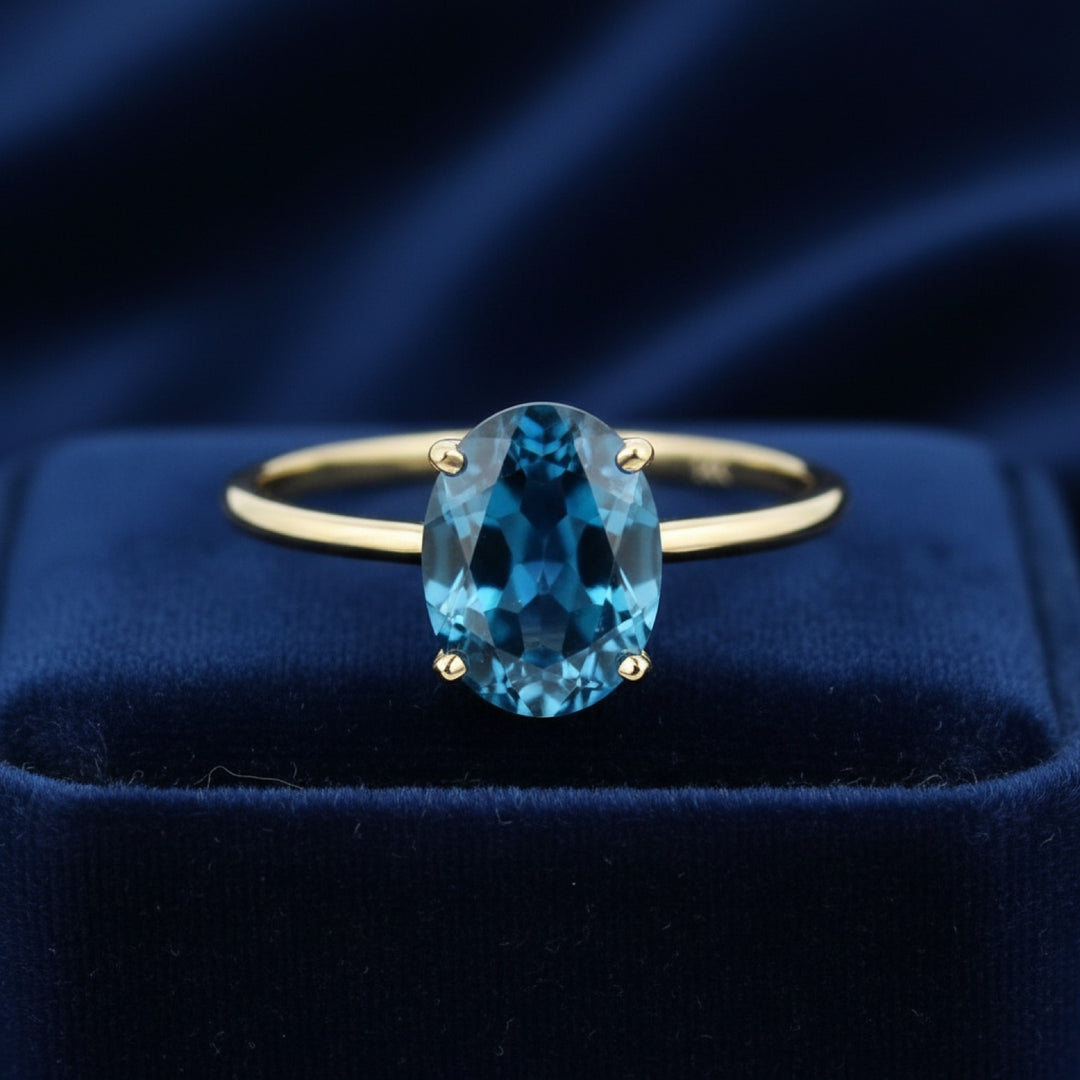 Anillo Oro 14k con Topacio Azul London Blue 2.05ct, joyería mexicana Gold Shield - PREVENTA