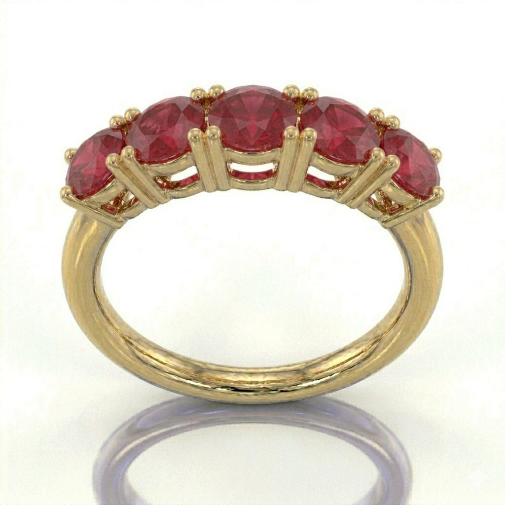 Anillo media eternidad oro 14k con rubies rojos intensos - frente - Gold Shield
