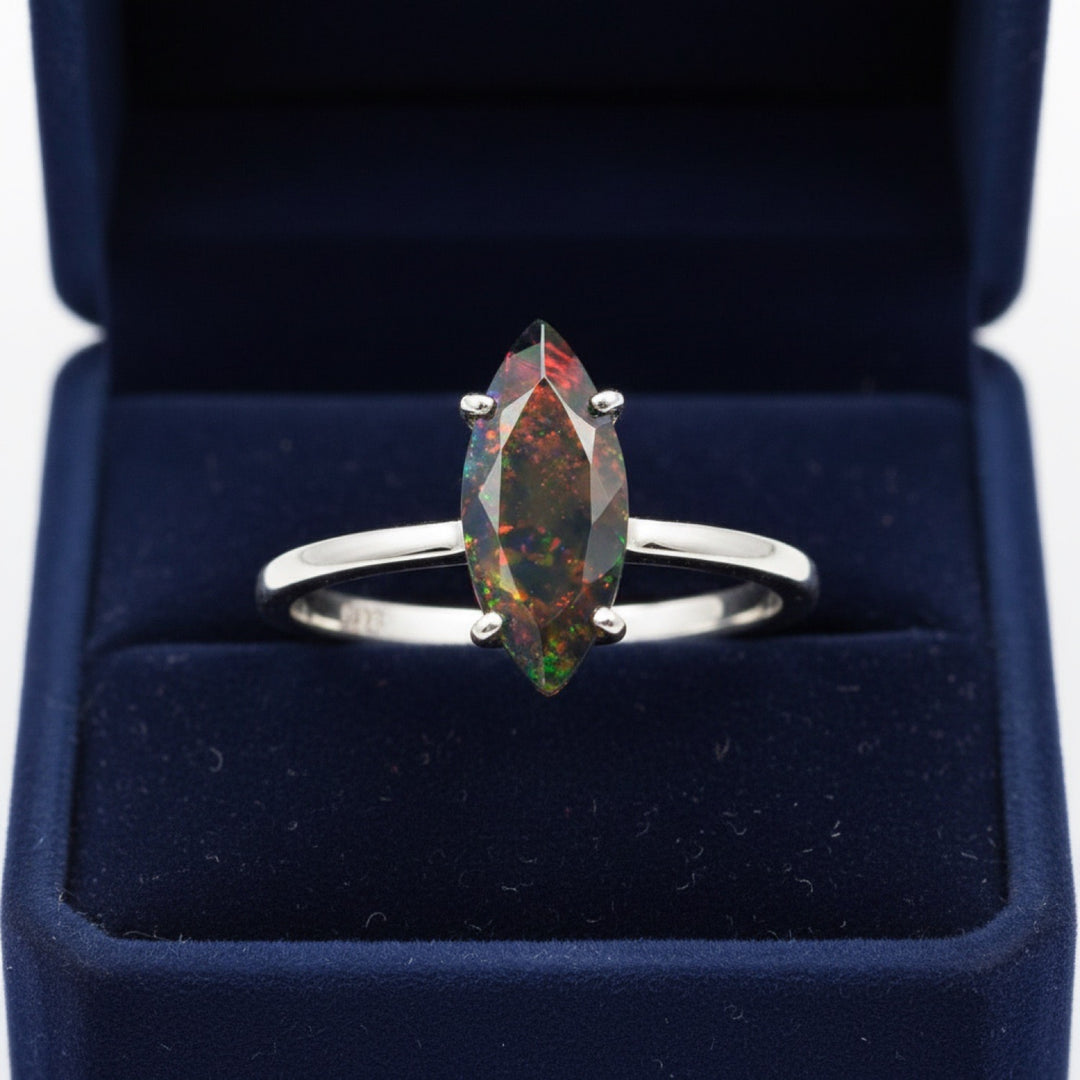 Anillo Plata 925 con Ópalo Negro Natural Etiopía 1.12ct Corte Marq, joyería mexicana Gold Shield