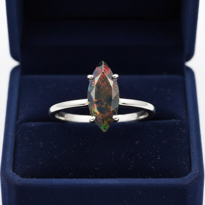 Anillo Plata 925 con Ópalo Negro Natural Etiopía 1.12ct Corte Marq, joyería mexicana Gold Shield