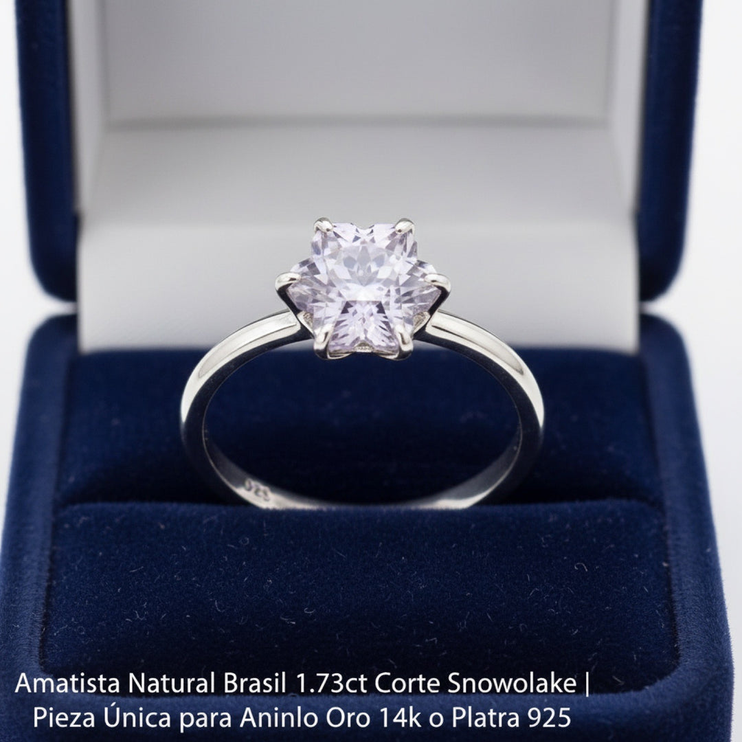 Anillo Plata 925 con Amatista Natural Brasil 1.73ct Corte Snowflak, joyería mexicana Gold Shield