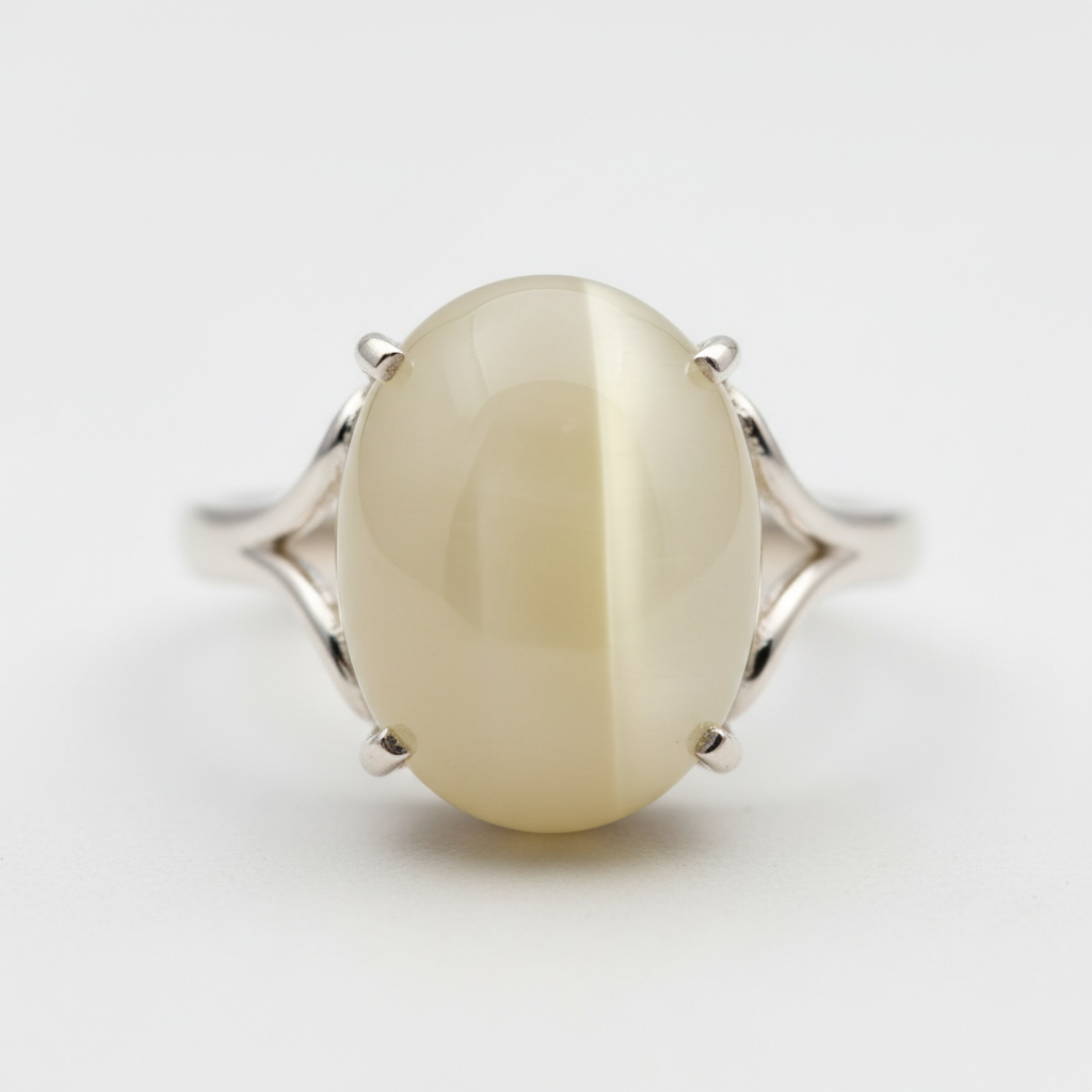 Anillo Plata 925 con Piedra de Luna Ojo de Gato Amarillo 9.0ct Corte Cabuchón Oval Africa - GS-GEM-077 - Gold Shield Mexico
