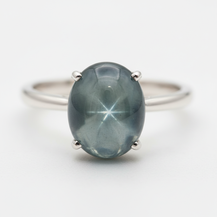Anillo Plata 925 con Zafiro Estrella Azul Verde 0.68ct Corte Cabuchón Oval - GS-GEM-079 - Gold Shield Mexico