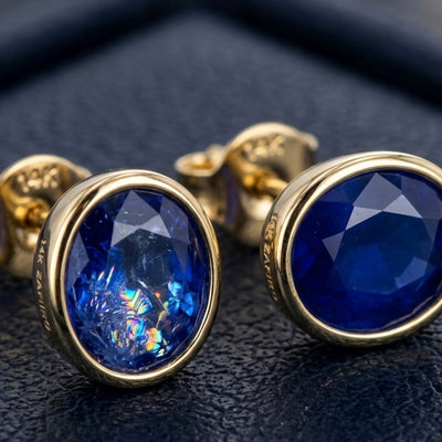 Aretes de oro 14k amarillo con par de zafiros azules naturales Ceylon Sri Lanka 0.65ct corte oval, joyería mexicana premium