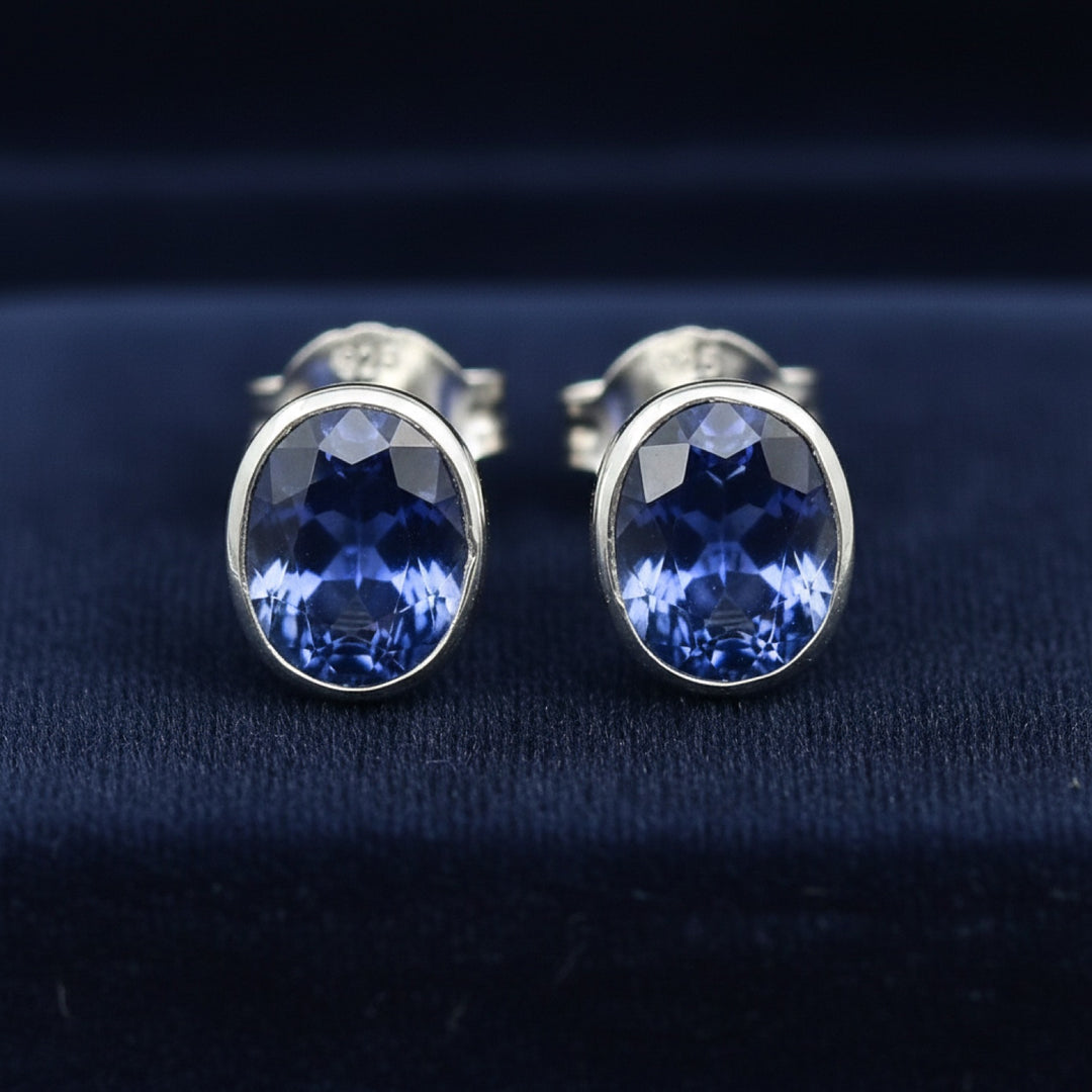 Aretes Plata 925 con Par de Zafiros Azules Naturales Ceylon Sri La, joyería mexicana Gold Shield