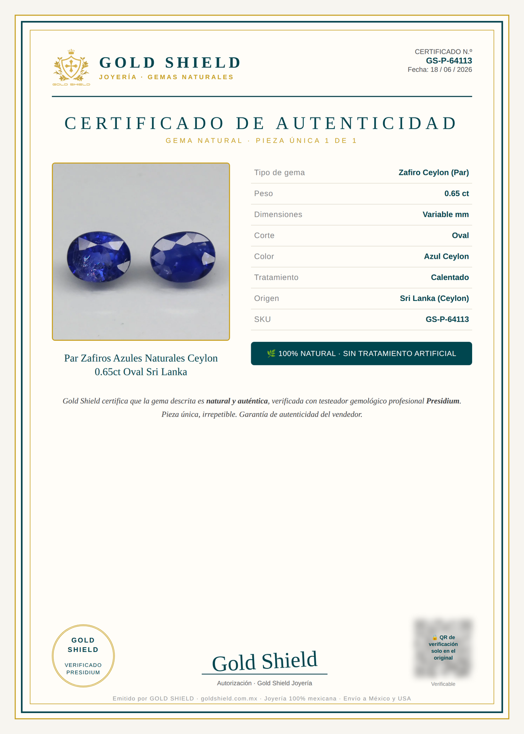 Certificado de Autenticidad Gold Shield - Par Zafiros Azules Naturales Ceylon 0.65ct Oval Sri Lanka
