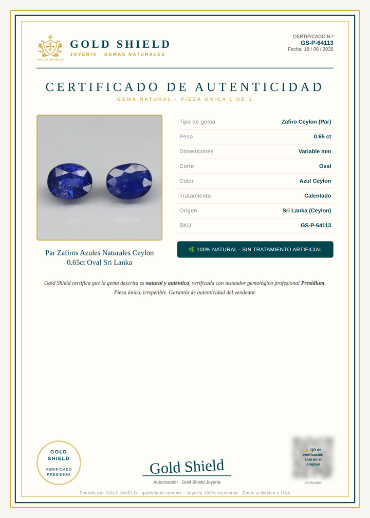 Certificado de Autenticidad Gold Shield - Par Zafiros Azules Naturales Ceylon 0.65ct Oval Sri Lanka