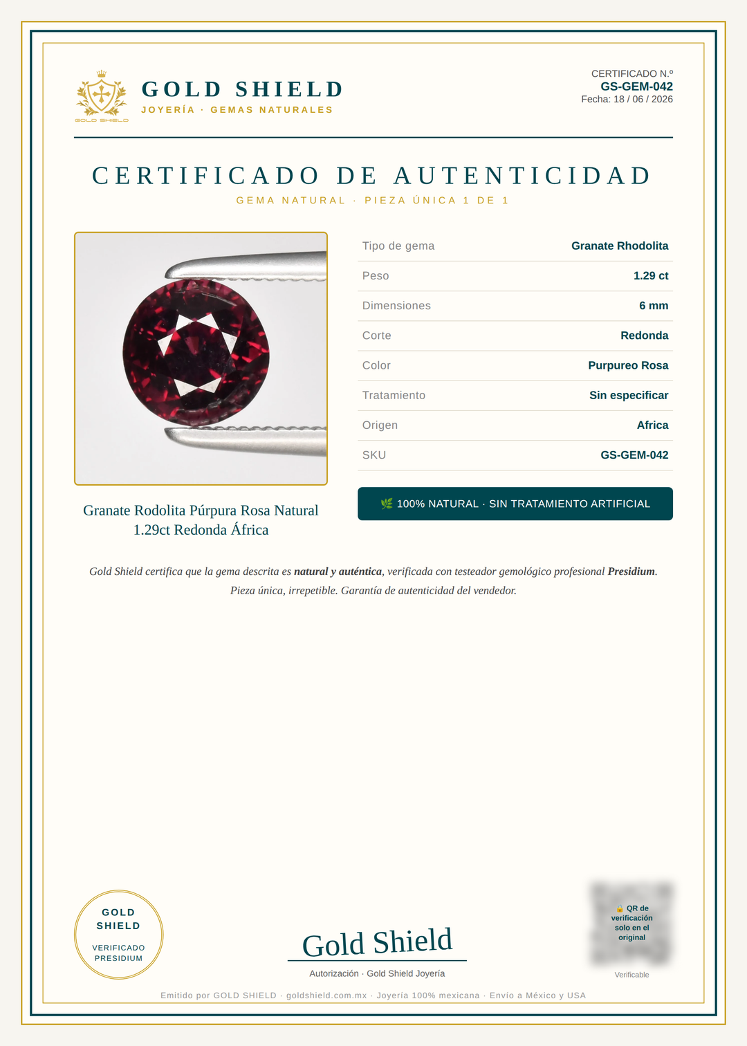 Certificado de Autenticidad Gold Shield - Granate Rodolita Púrpura Rosa Natural 1.29ct Redonda África