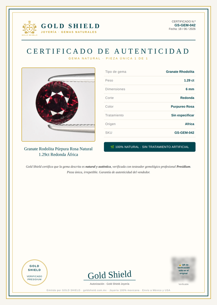 Certificado de Autenticidad Gold Shield - Granate Rodolita Púrpura Rosa Natural 1.29ct Redonda África