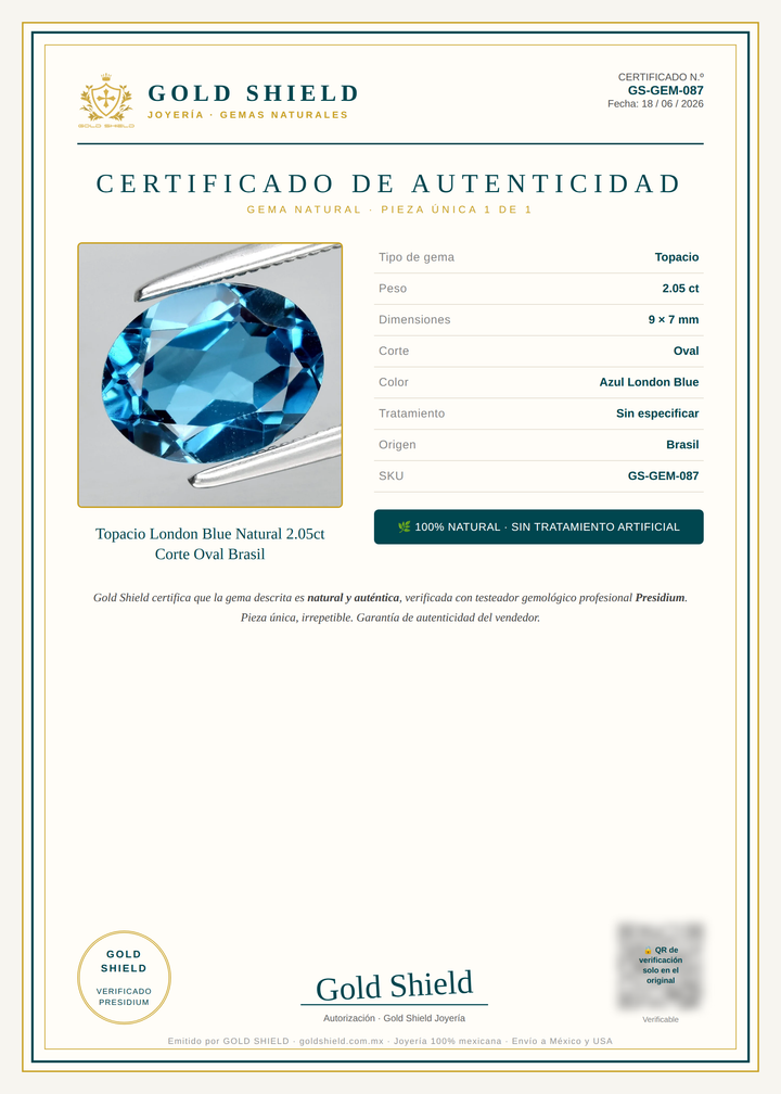Certificado de Autenticidad Gold Shield - Topacio London Blue Natural 2.05ct Corte Oval Brasil