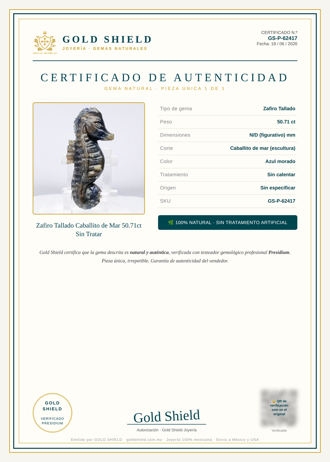 Certificado de Autenticidad Gold Shield - Zafiro Tallado Caballito de Mar 50.71ct Sin Tratar