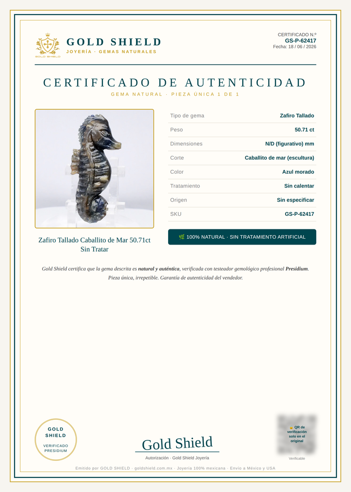 Certificado de Autenticidad Gold Shield - Zafiro Tallado Caballito de Mar 50.71ct Sin Tratar