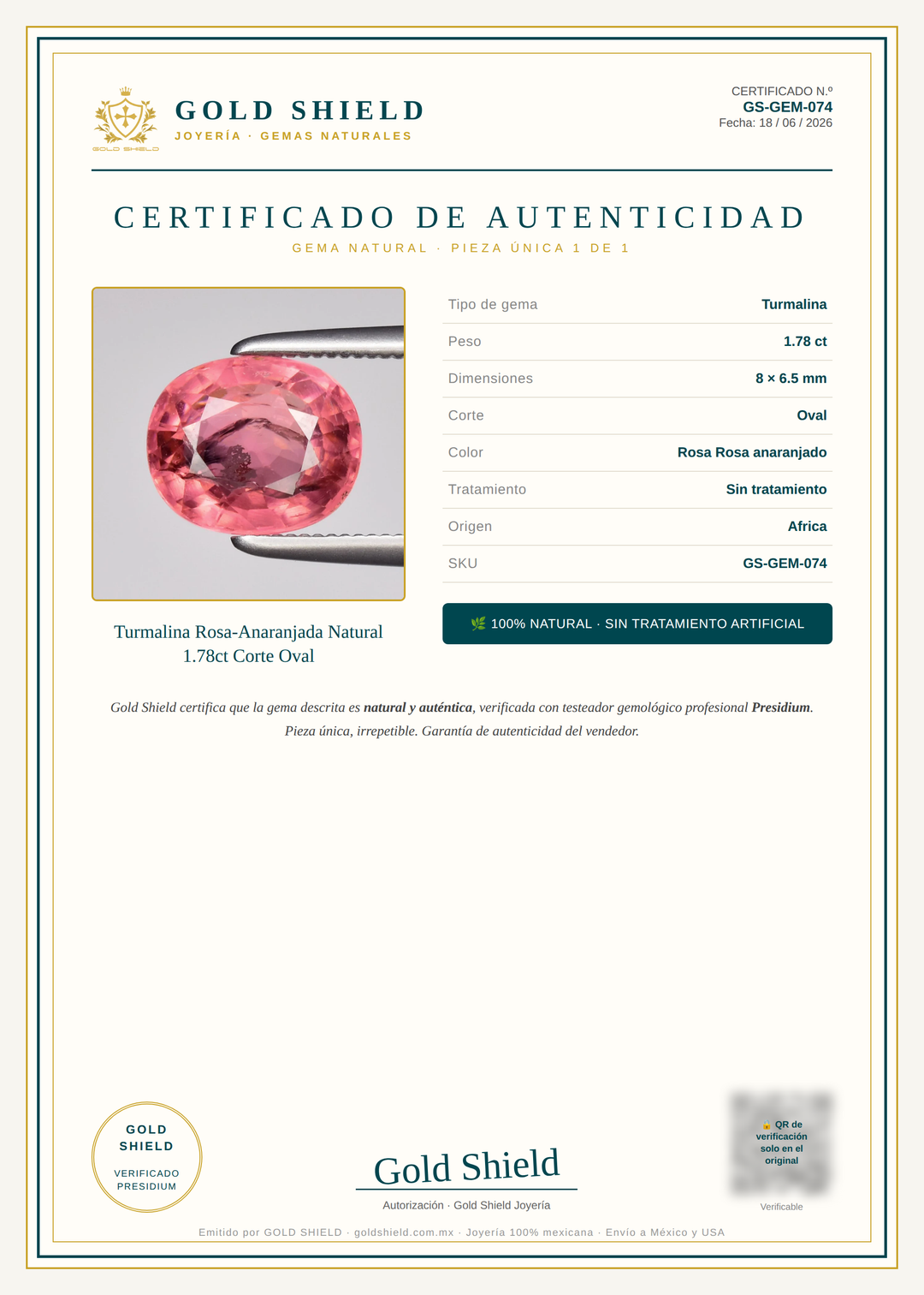 Certificado de Autenticidad Gold Shield - Turmalina Rosa-Anaranjada Natural 1.78ct Corte Oval
