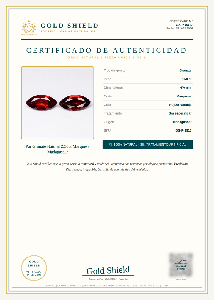 Certificado de Autenticidad Gold Shield - Par Granate Natural 2.50ct Marquesa Madagascar