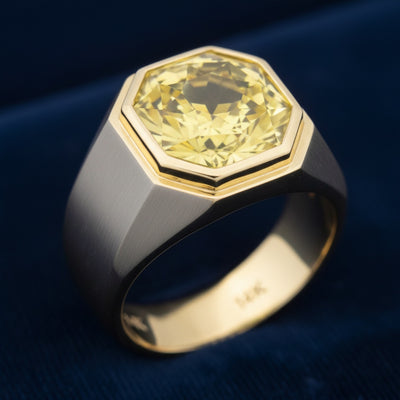 anillo de hombre de oro 14k con cuarzo limón amarillo limón natural 28.68ct corte octagonal de Brasil, joyería mexicana Gold 