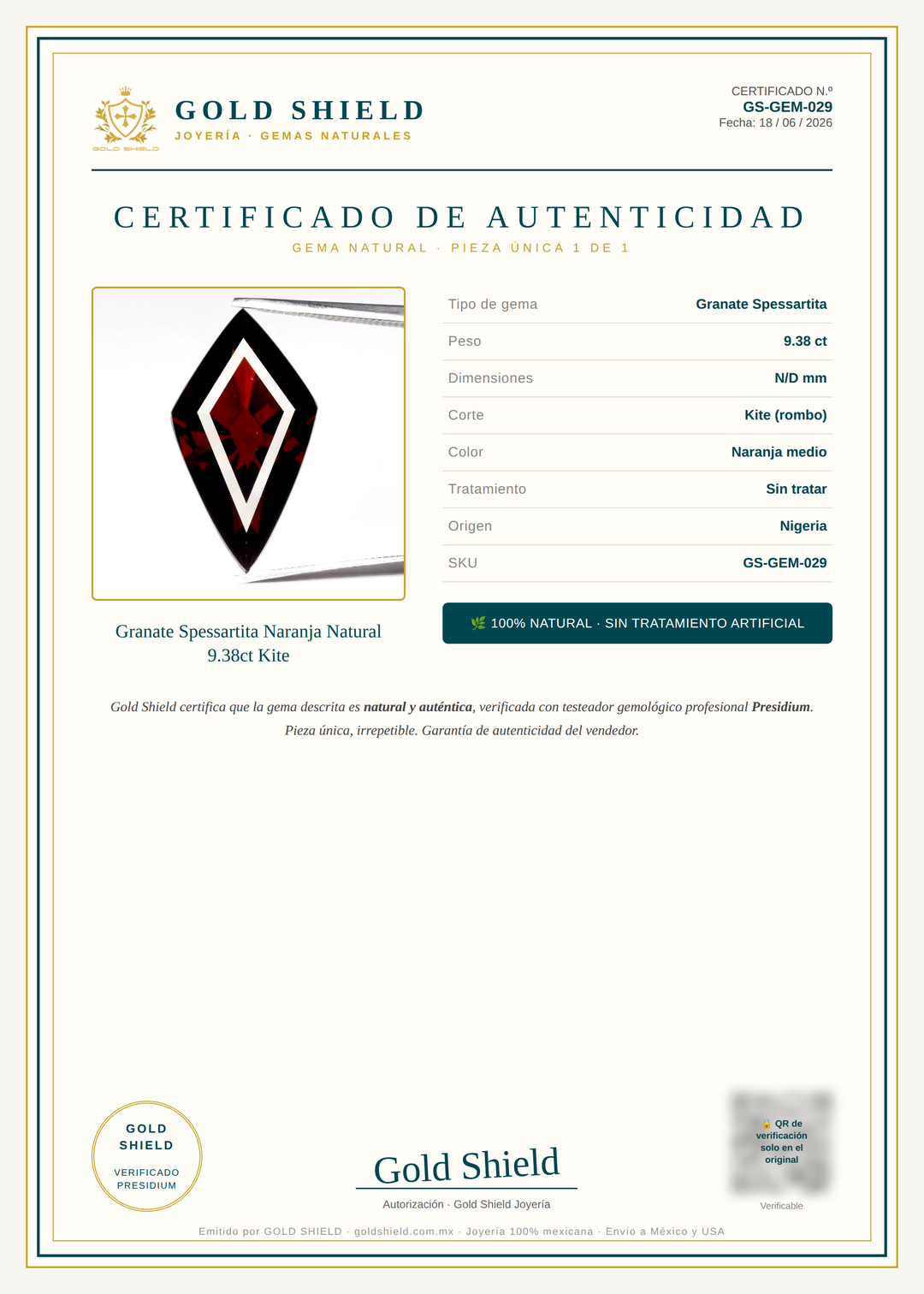 Certificado de Autenticidad Gold Shield - Granate Spessartita Naranja Natural 9.38ct Kite